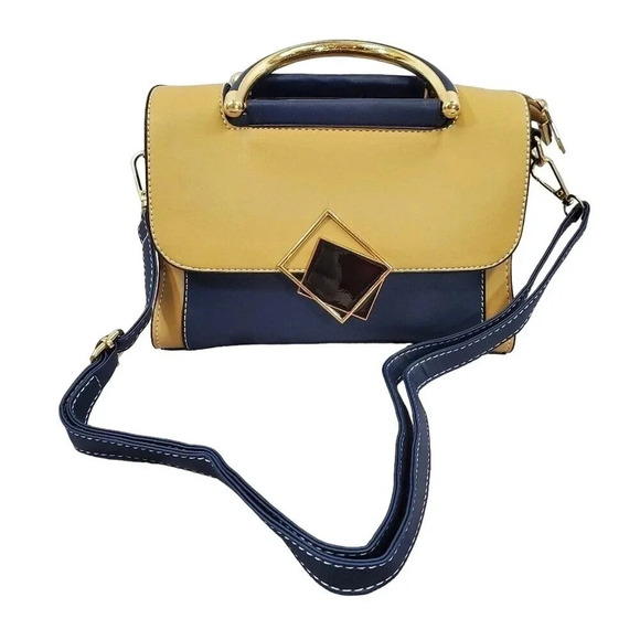 Blue and Tan Two-Tone Cross Body Purse With Golden Accents, Adjustable Strap - Picture 2 of 7